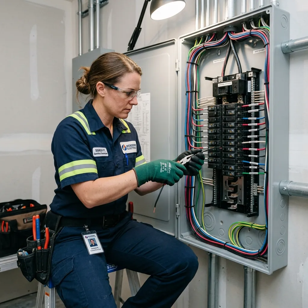 Electrician installing wiring on electrical panel