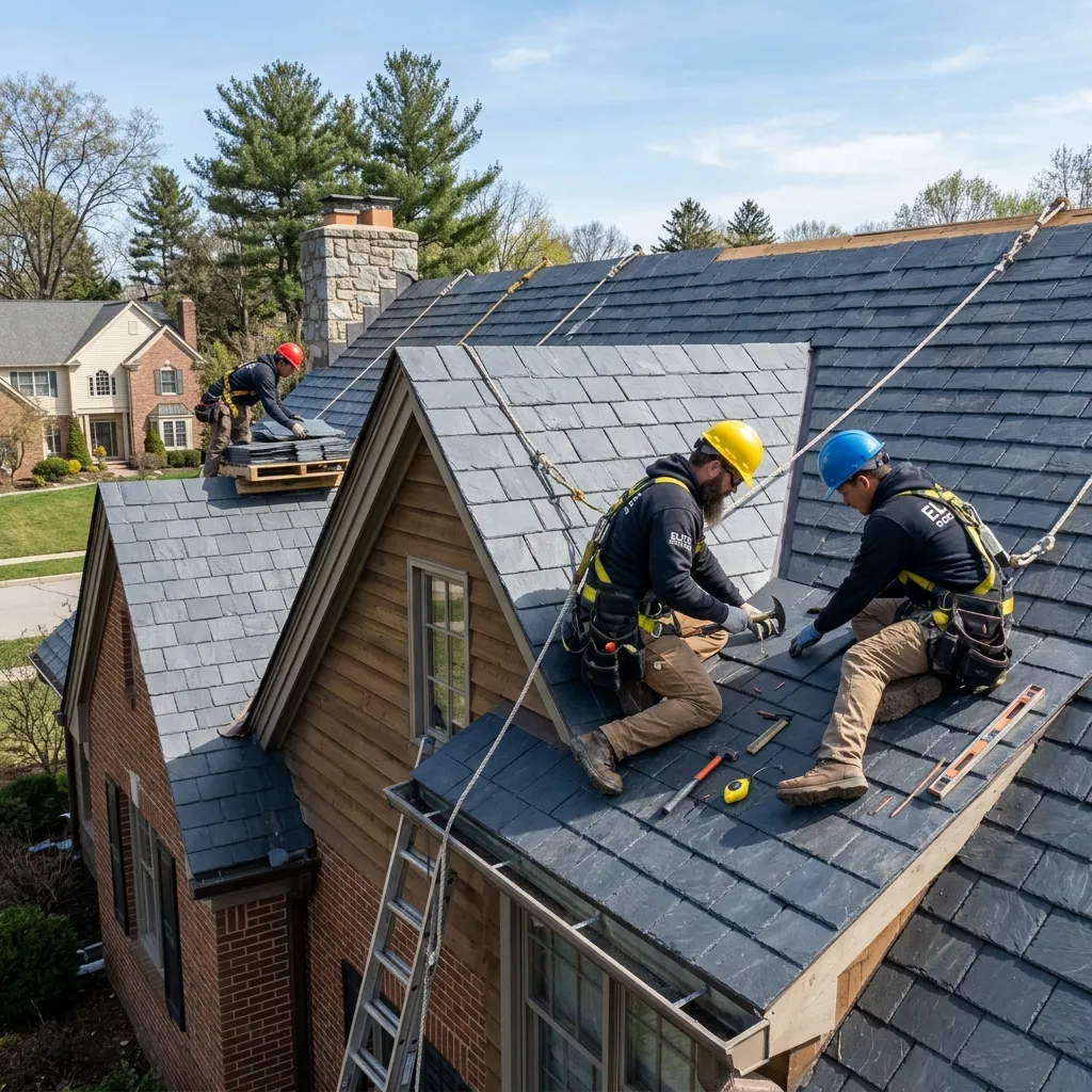 Roofing and exterior contractors working on a residential property