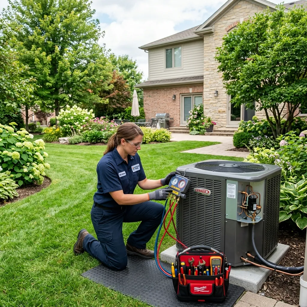 HVAC technician servicing an outdoor AC unit