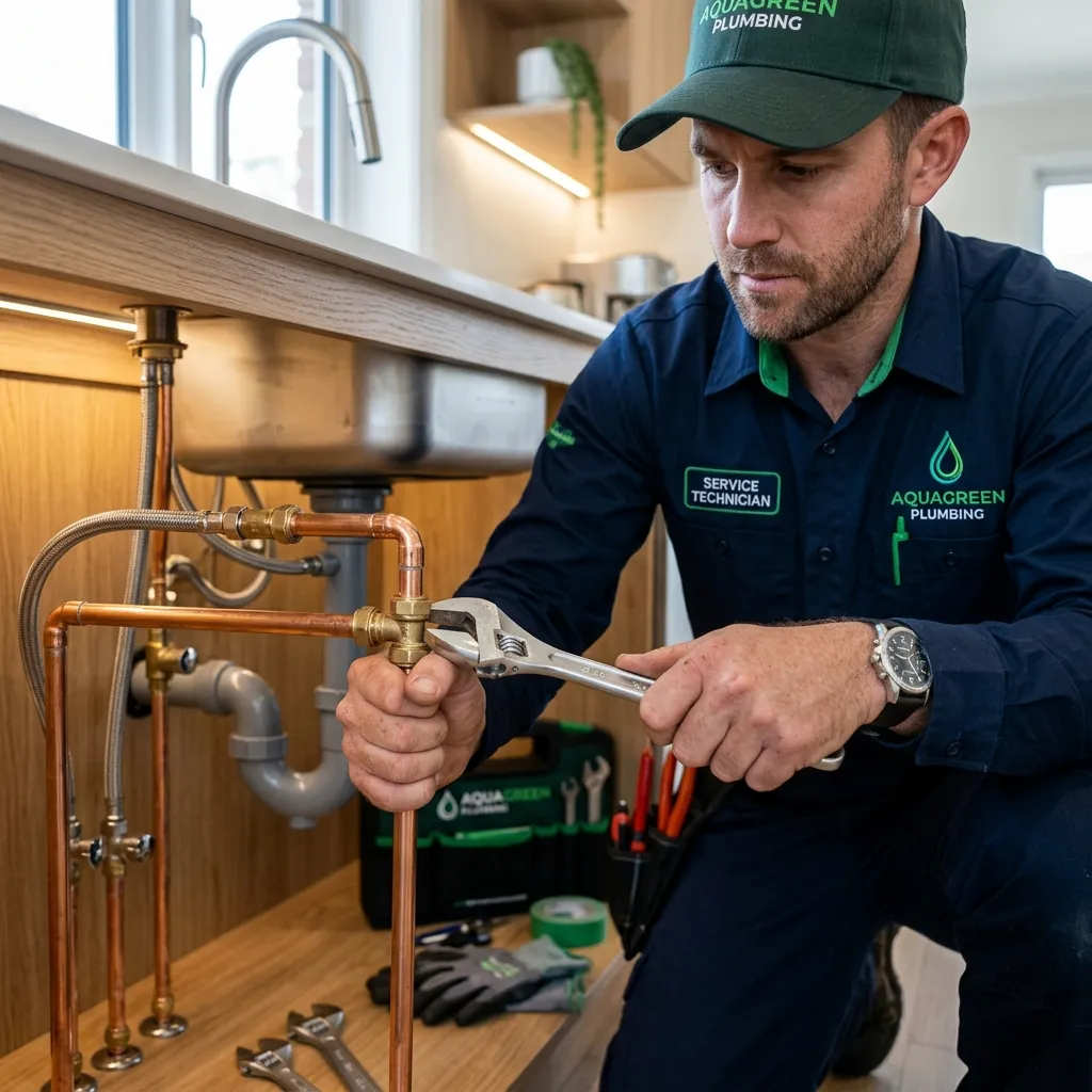 Professional plumber working on pipes